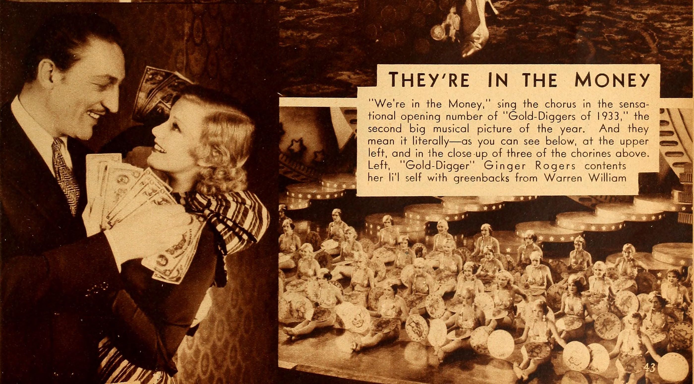A scan from a magazine. There are several photographs from the film 'Gold-Diggers of 1933' and the heading text 'They're in the Money'