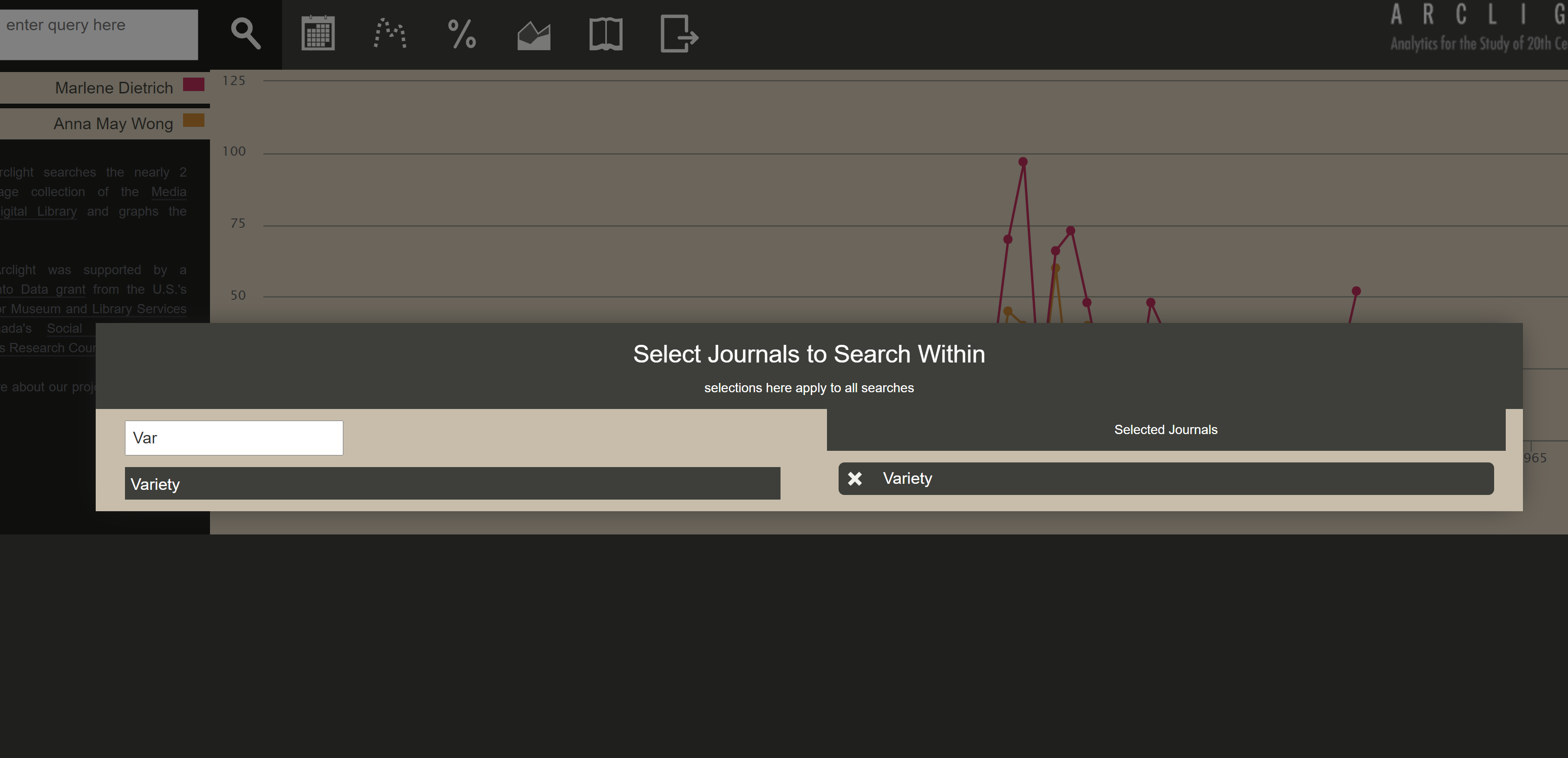 screenshot of Arclight search by journal selection menu