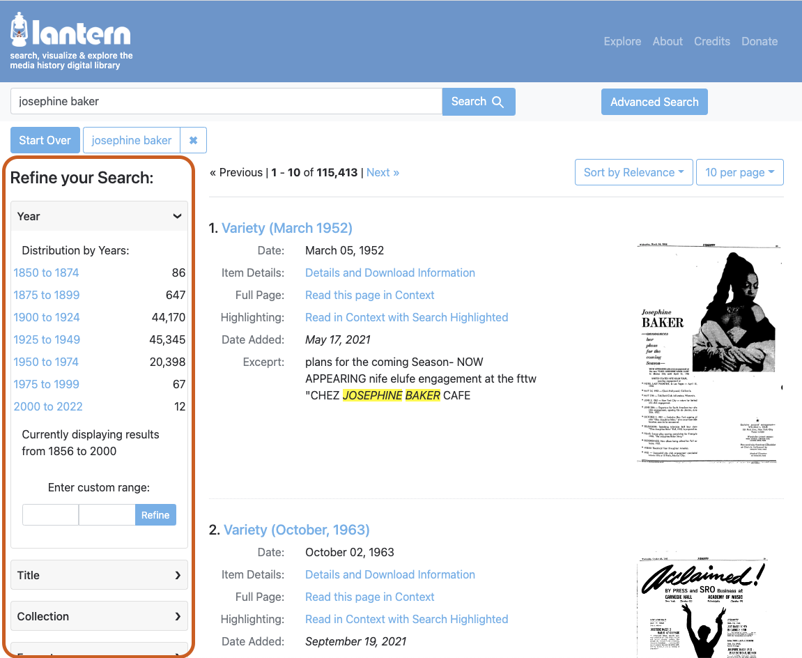 screenshot of lantern search refinement menu