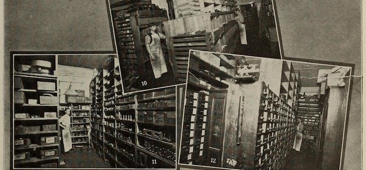 A scan from a black-and-white printed page. There are three photographs overlaid atop one another. Each photo shows a person standing among crowded shelves of film reels and other equipment.